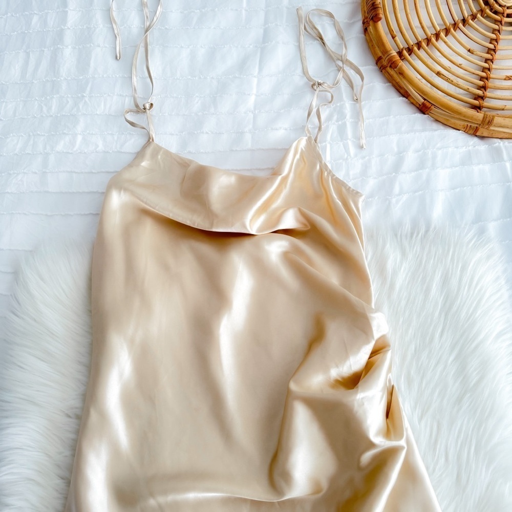 Topsix Bridesmaids Midi Slit Dress Silky Satin Gold Side Slit Cowl Neck - Picture 8 of 14